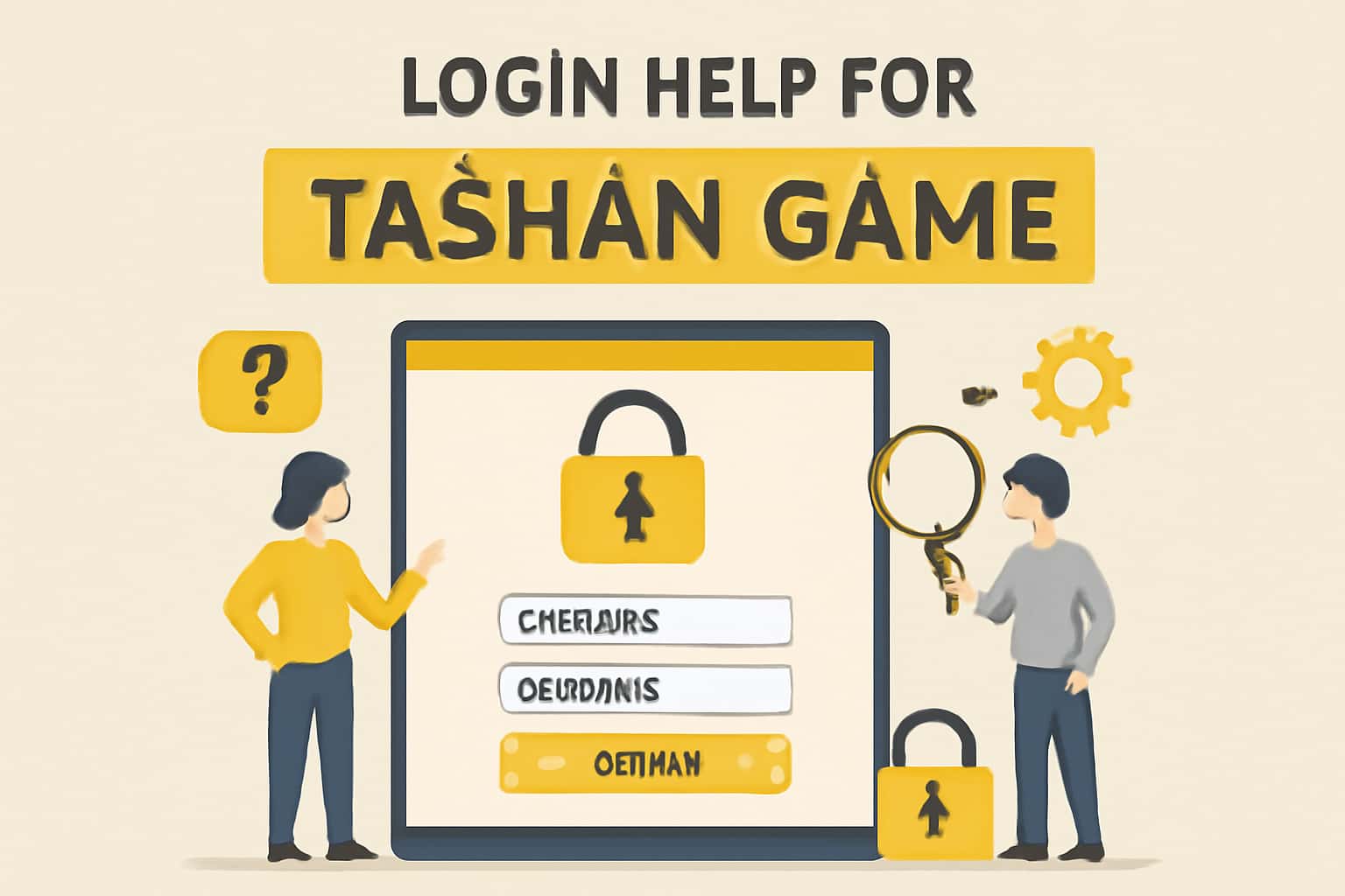 An informational scene depicting the login process for Tashan Game with a focus on troubleshooting.