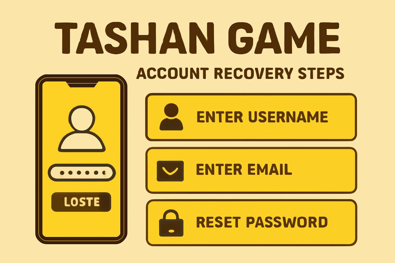 Illustration of Tashan Game account recovery steps with neutral and professional design.